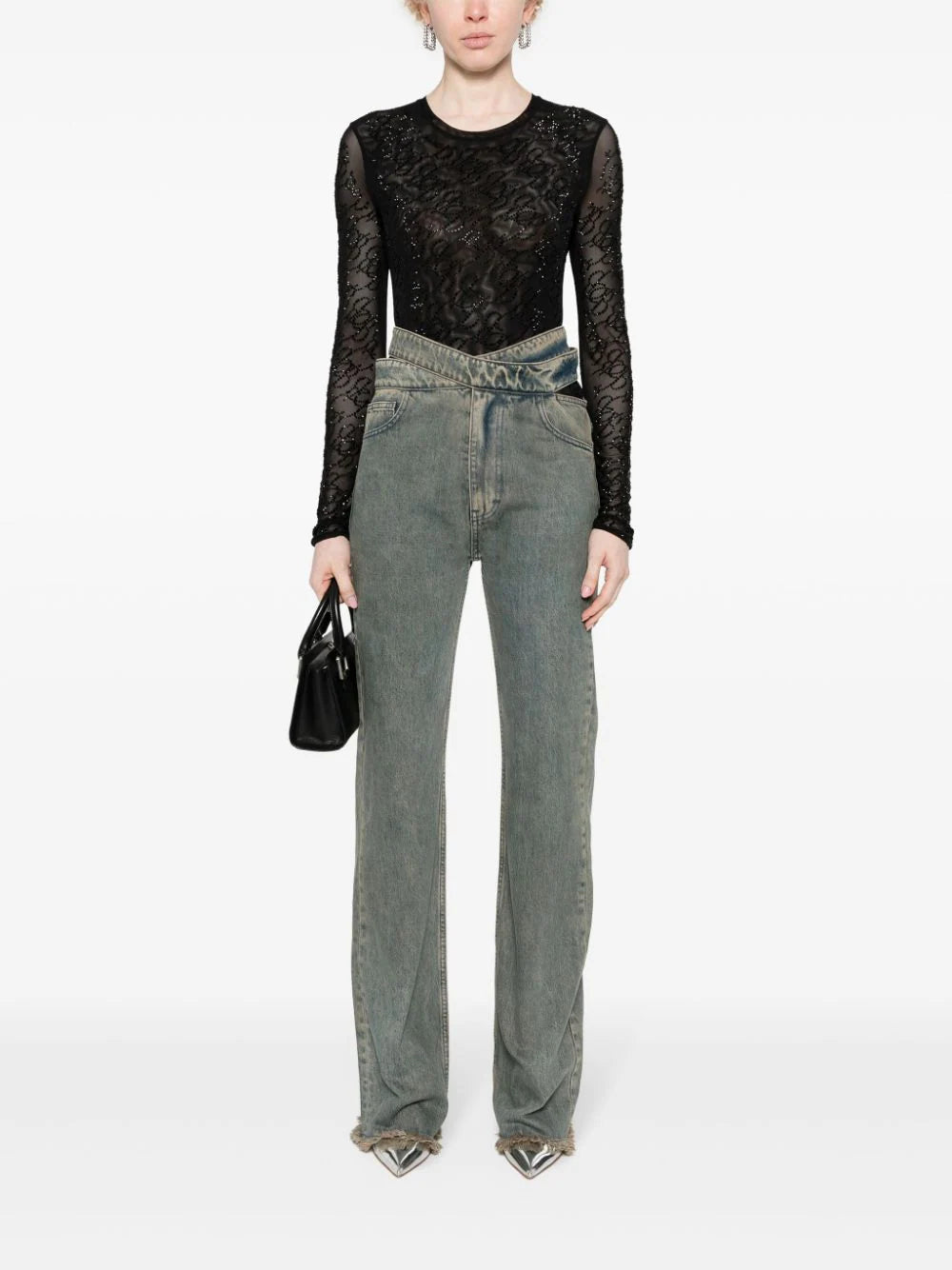 Blumarine Tulle T-shirt With Monogram B Rhinestone Embroidery