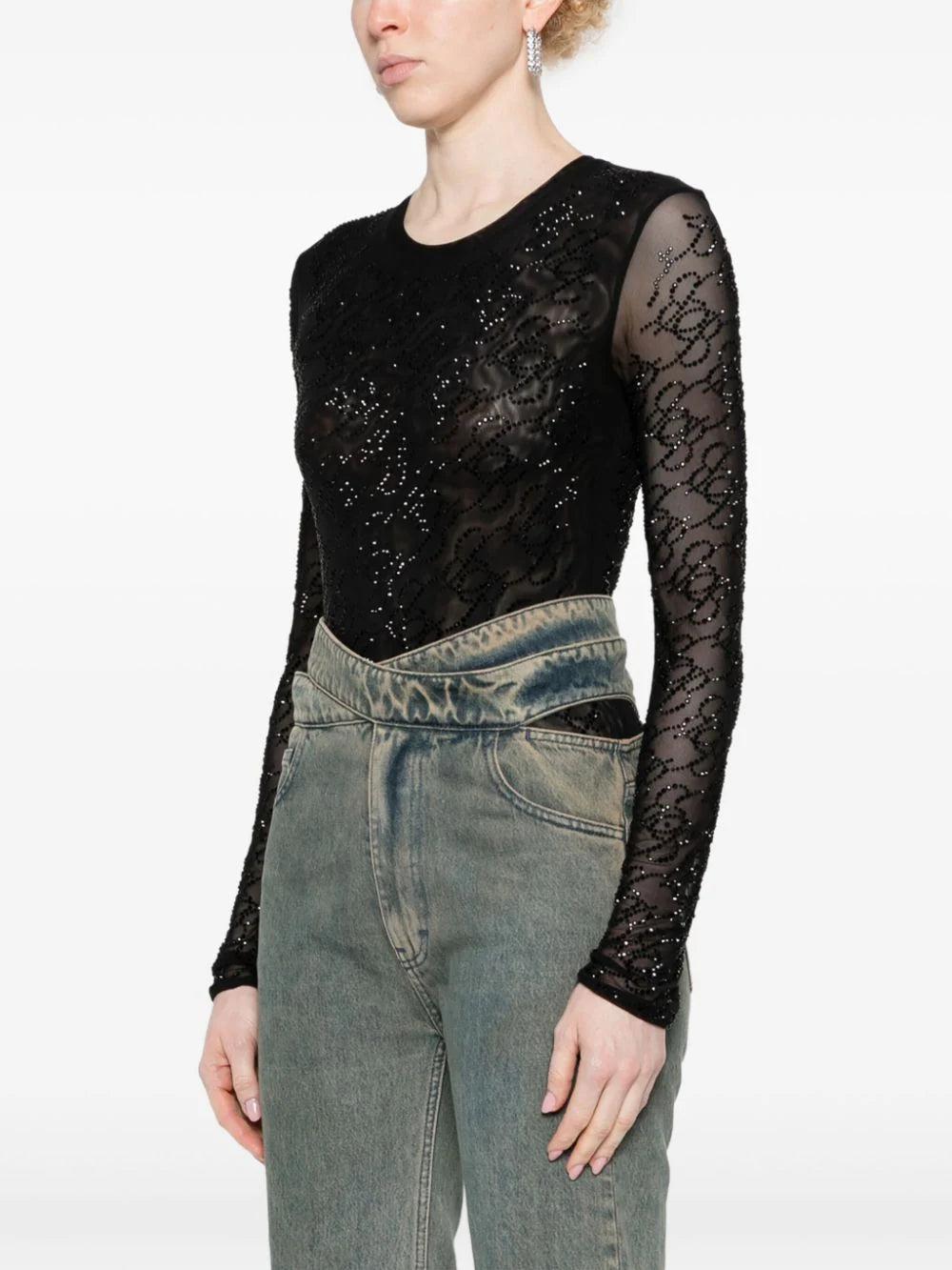 Blumarine Tulle T-shirt With Monogram B Rhinestone Embroidery