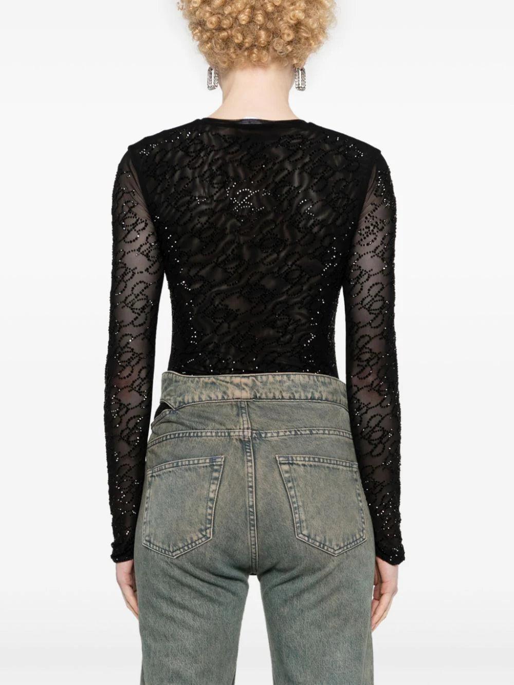 Blumarine Tulle T-shirt With Monogram B Rhinestone Embroidery