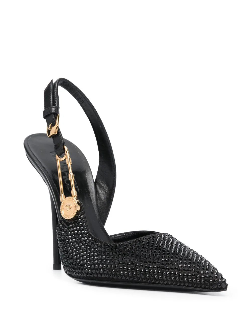 VERSACE Crystal Safety Pin Metallic Pumps