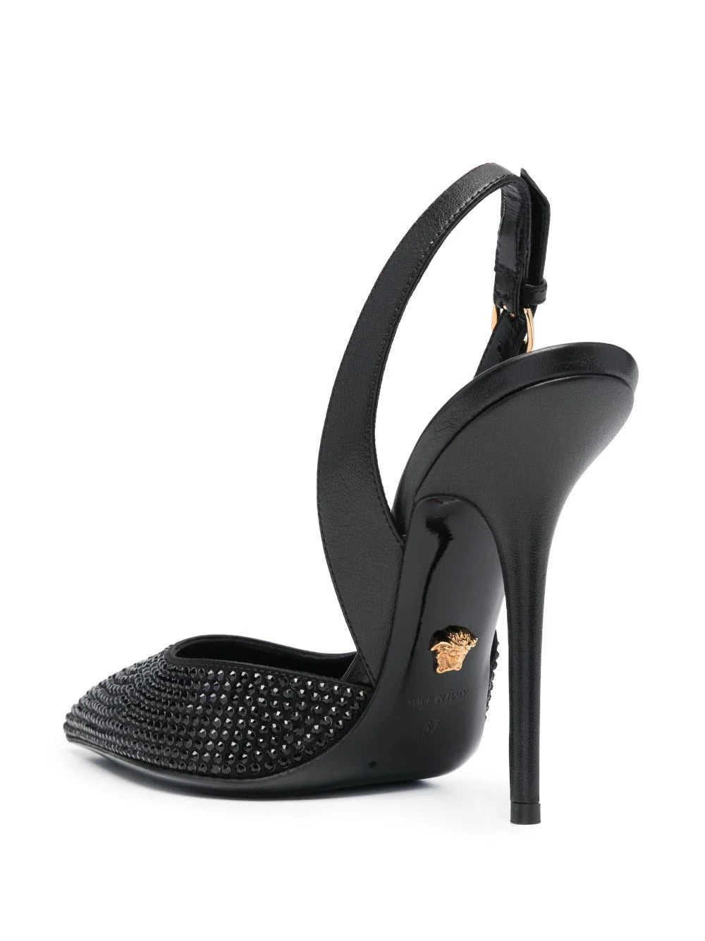 VERSACE Crystal Safety Pin Metallic Pumps