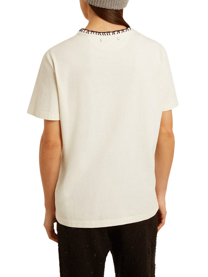 Suitnegozi T-shirt Da Donna In Cotone Color Bianco Vissuto Con Ricami A Mano