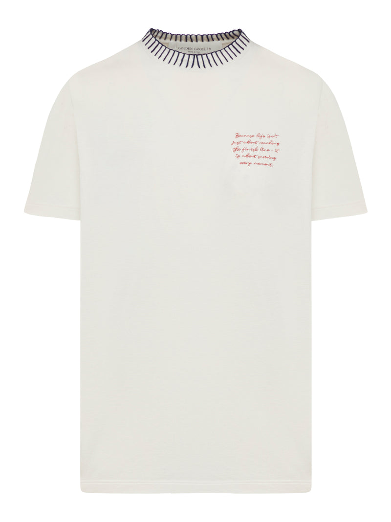 Suitnegozi T-shirt da donna in cotone color bianco vissuto con ricami a mano