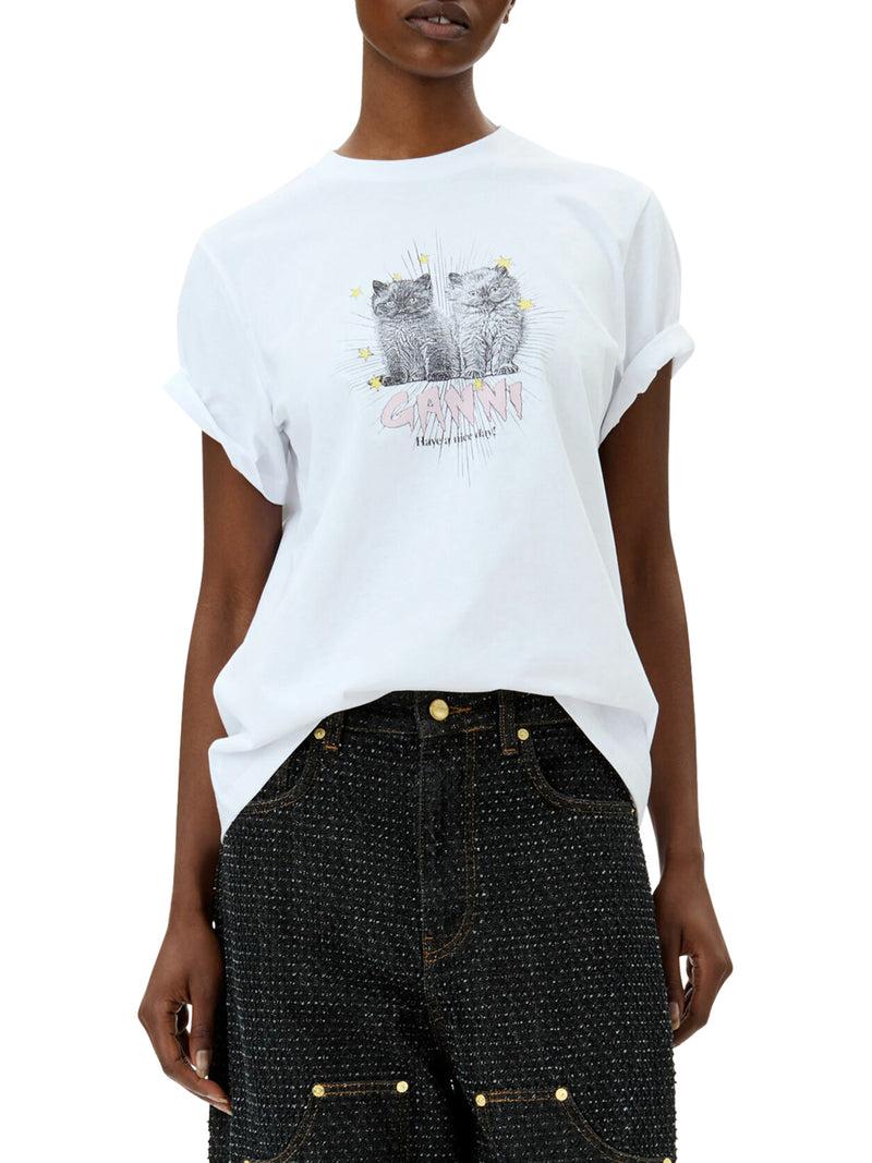 Suitnegozi T-SHIRT RELAX CON GATTI IN JERSEY BIANCO BASIC