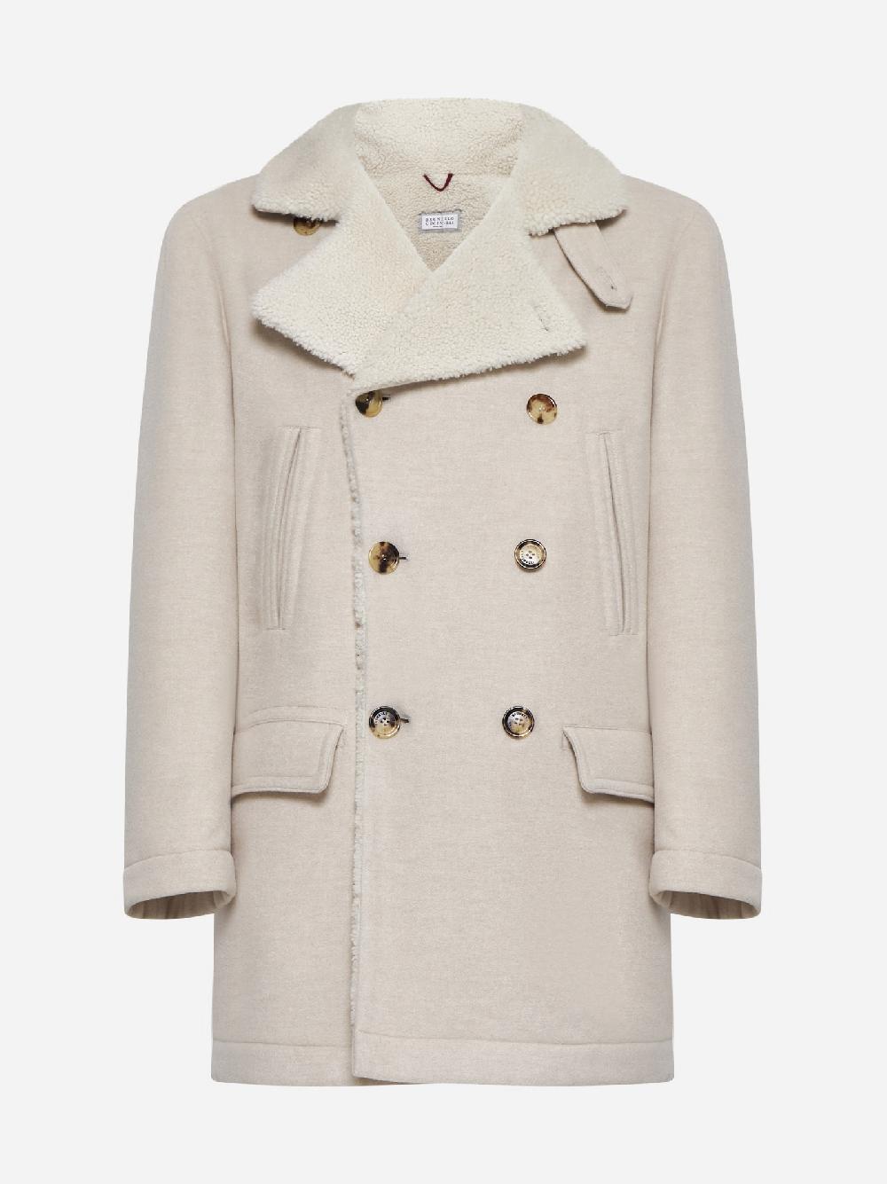 BRUNELLO CUCINELLI Caban in cashmere avorio con fodera in shearling