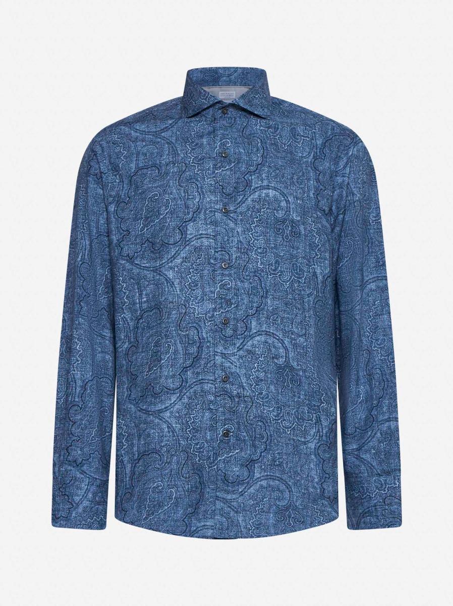 BRUNELLO CUCINELLI Camicia slim fit in tela Paisley blu