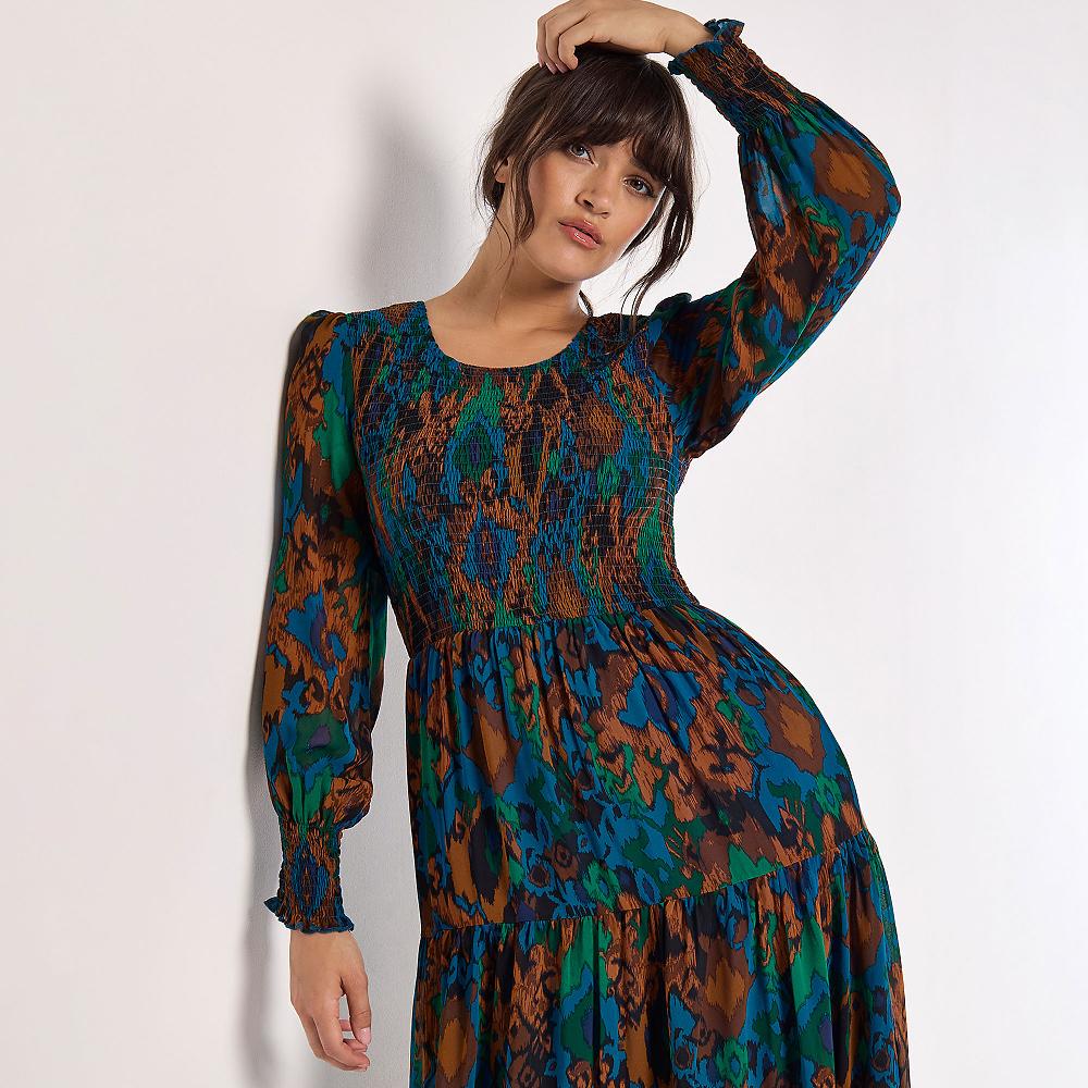 QVC APRICOT Abito In Chiffon Con Maniche A Sbuffo E Gonna A Balze