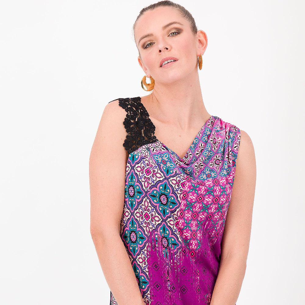 QVC Bianca Della Torre Canotta In Jersey Di Viscosa Fantasia Con Pizzo