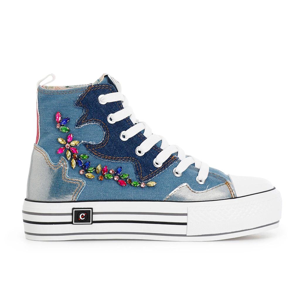 QVC Cafè Noir Sneaker stringate tipo stivaletto con tomaia effetto denim