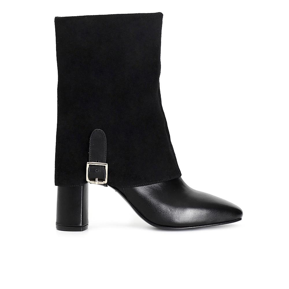 QVC Cafè Noir Tronchetti in pelle con gambale rivestito e tacco 8 cm