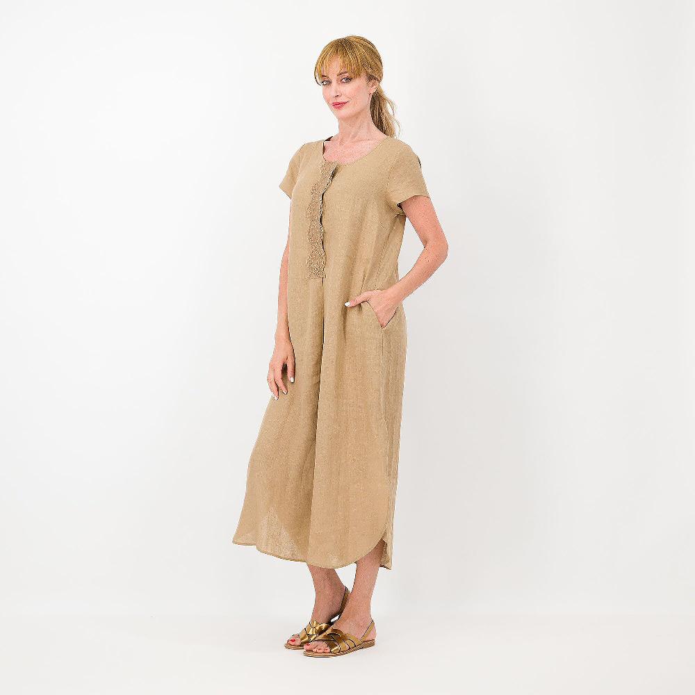 QVC Caterina Lancini Abito a kaftano con pizzo allo scollo 100% lino
