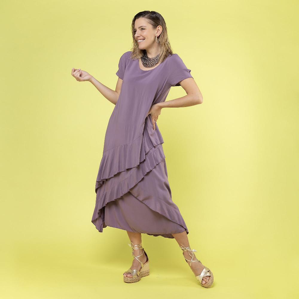QVC Caterina Lancini Abito linea a A in popeline 100% viscosa con giochi di volants