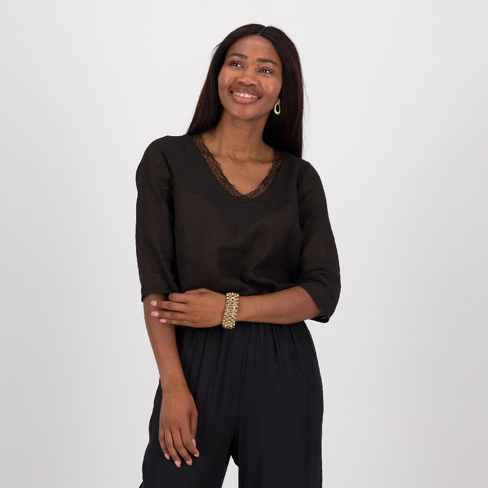 QVC Caterina Lancini Blusa in ramié e cotone con pizzo allo scollo