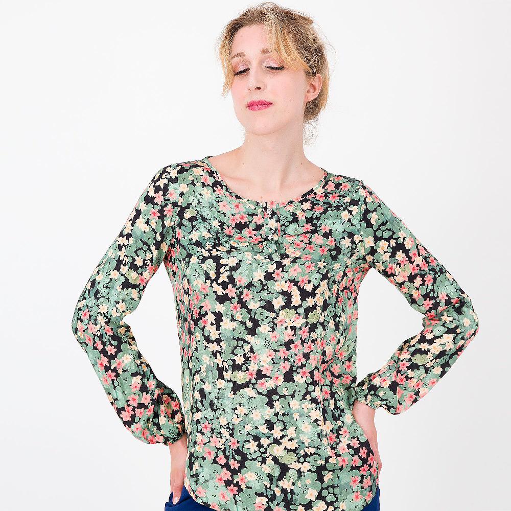 QVC Caterina Lancini Blusa In Raso Di Viscosa Fantasia Maniche Con Arriccio Made In Italy