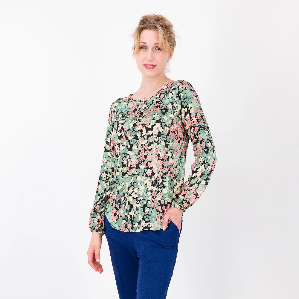 QVC Caterina Lancini Blusa in raso di viscosa fantasia Maniche con arriccio Made in Italy