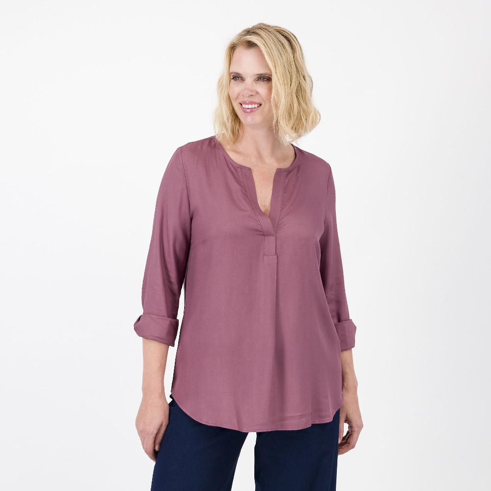 QVC Caterina Lancini Blusa in twill di viscosa con scollo tunisienne