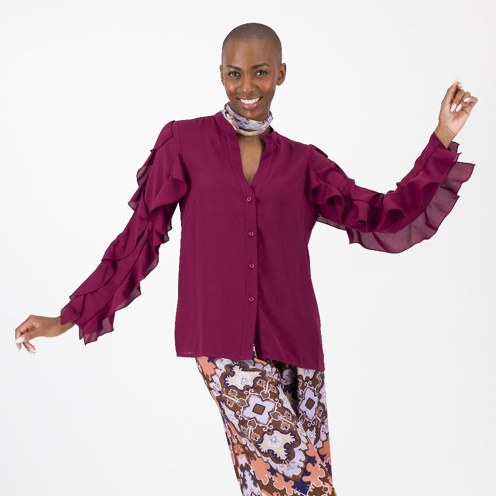 QVC Caterina Lancini Camicia in georgette a manica lunga con volant