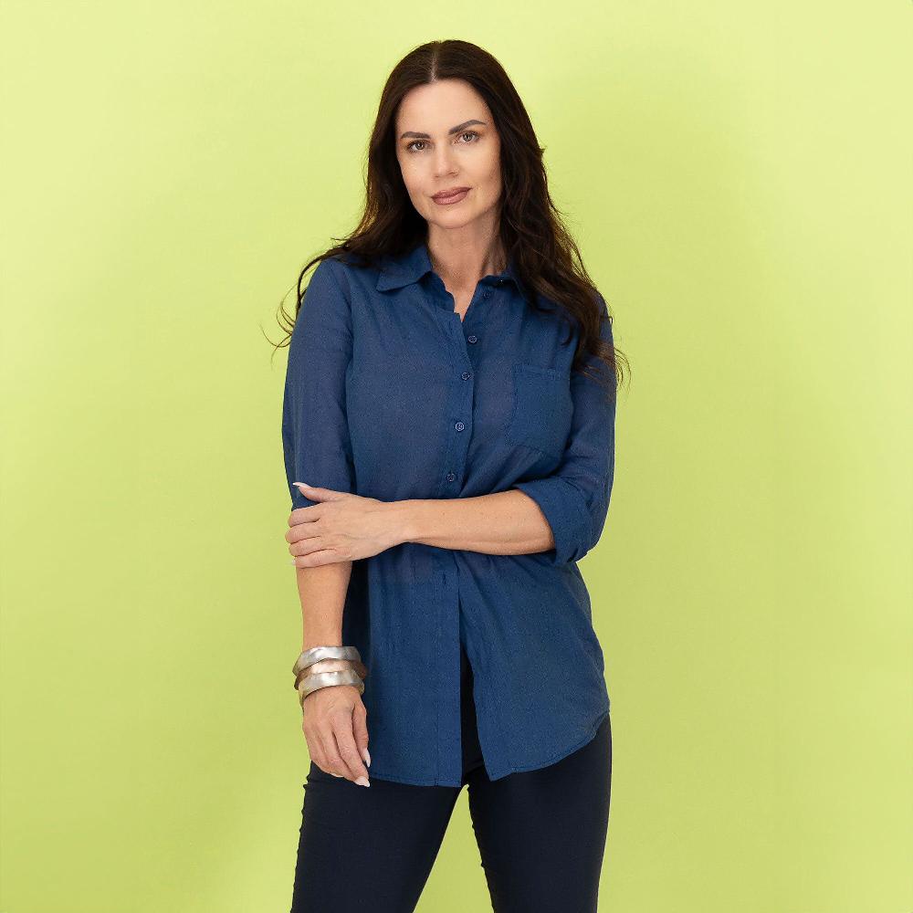 QVC Caterina Lancini Camicia Ramié Leggero Tinto Capo Collo A Listino Davanti Carrè