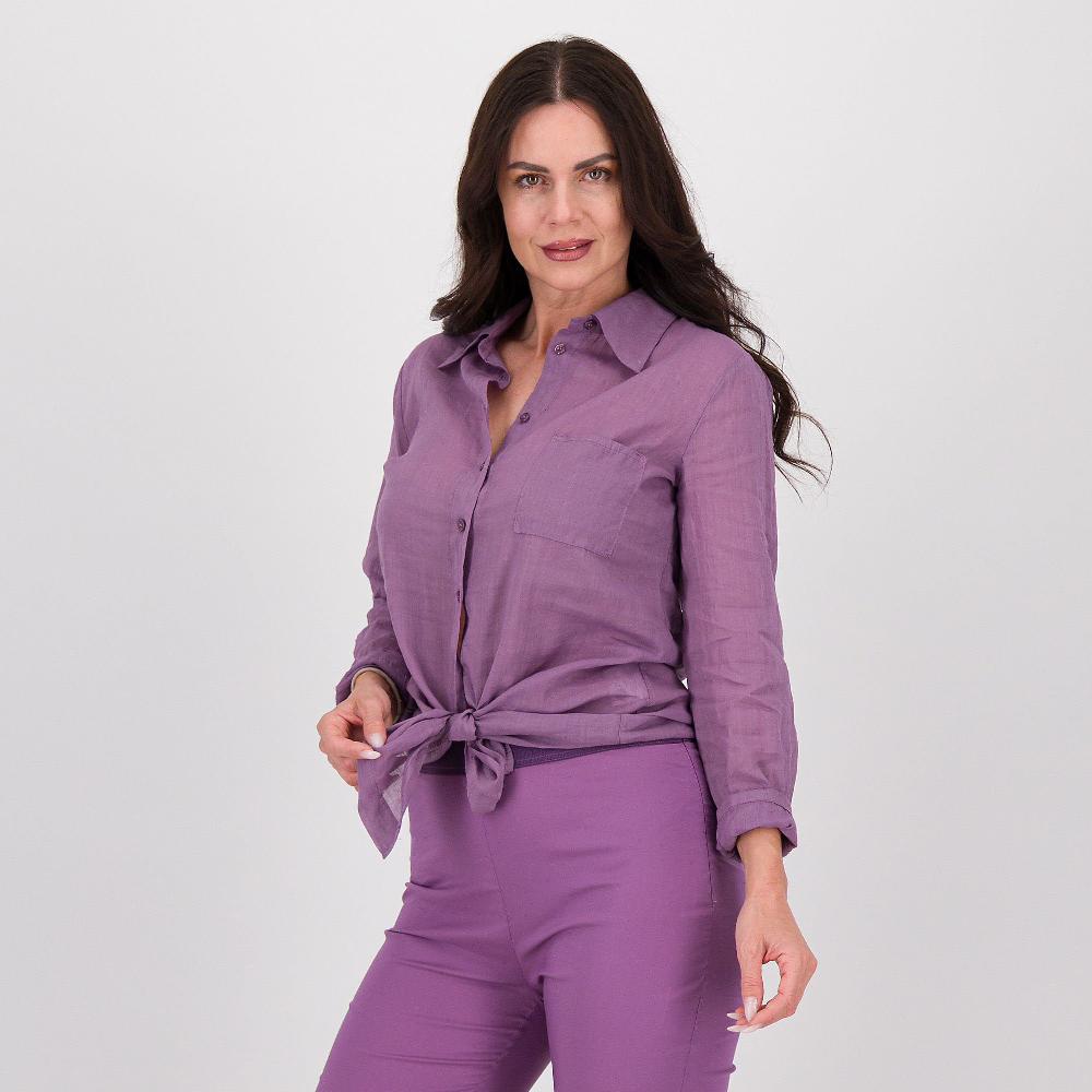 QVC Caterina Lancini Camicia ramié leggero tinto capo collo a listino davanti carrè