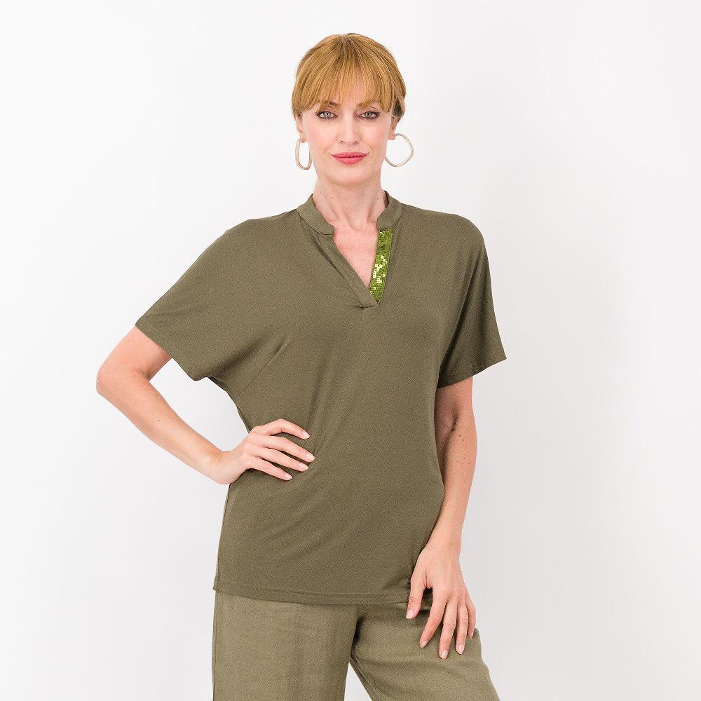 QVC Caterina Lancini T-shirt a trapezio in viscosa con paillettes
