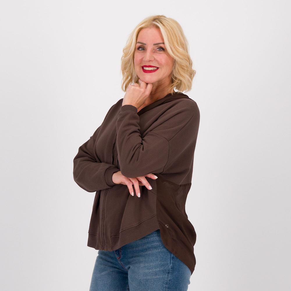 QVC Colour Lab Felpa con cappuccio in felpa di cotone e georgette viscosa