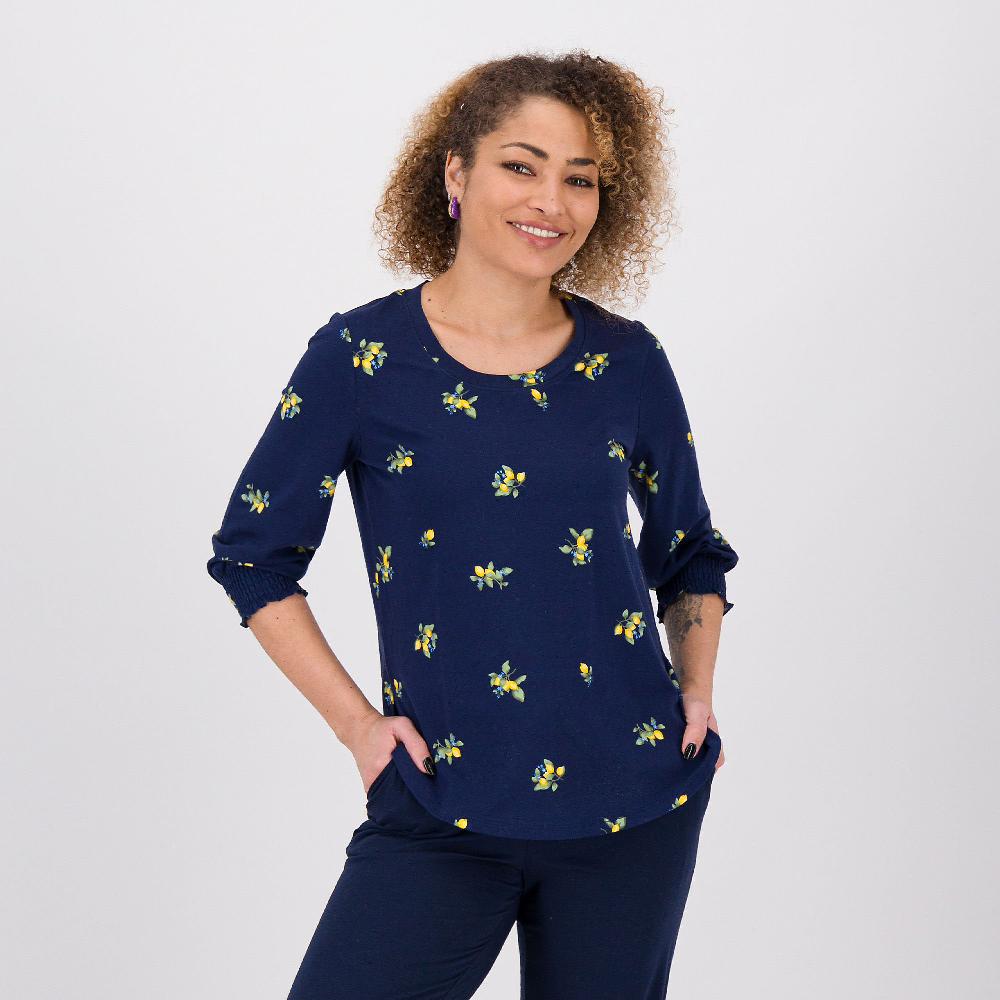 QVC Cuddle Duds Maglia in jersey fantasia con punto smock al polso