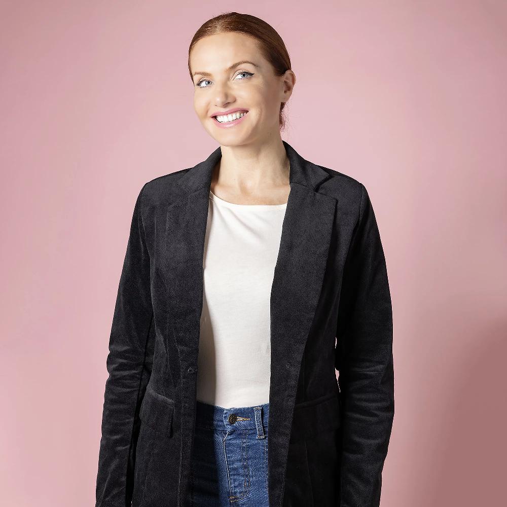 QVC Denim & Co Blazer In Velluto Stretch Scollo Con Rever E Tasche Ad Aletta