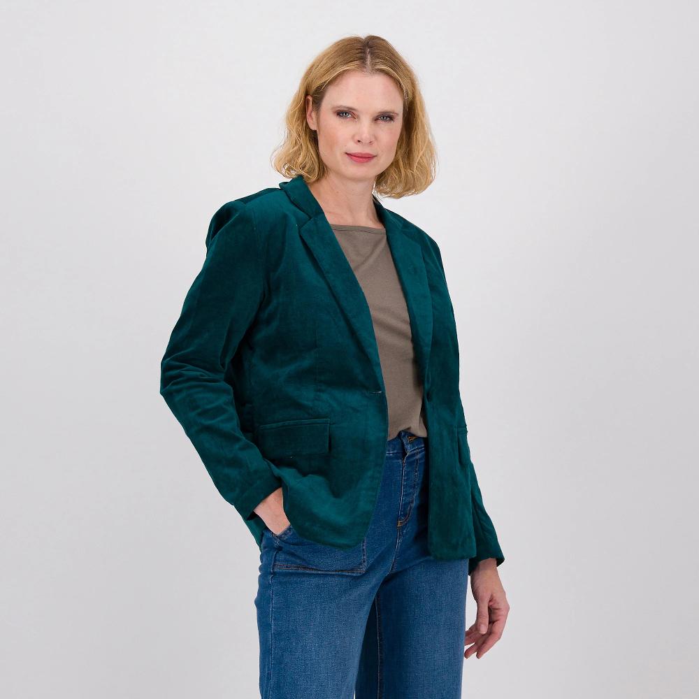 QVC Denim & Co Blazer in velluto stretch scollo con rever e tasche ad aletta