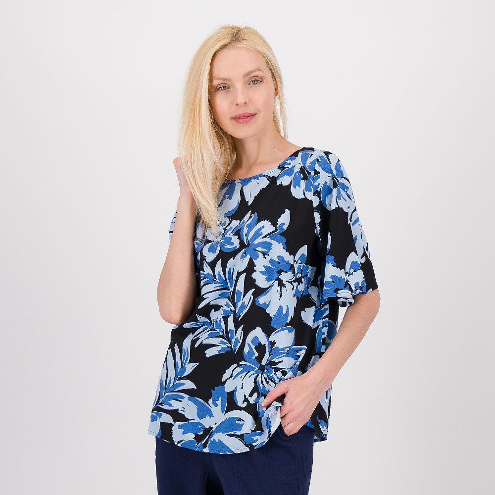 QVC Denim & Co Blusa in viscosa fantasia e scollo a barchetta