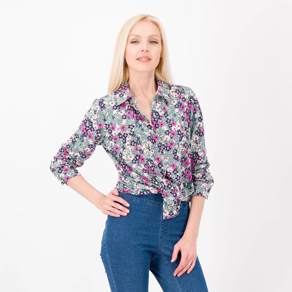QVC Denim & Co Camicia sciancrata in jersey fantasia a manica lunga