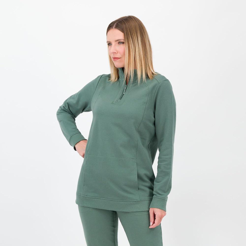 QVC Denim & Co Felpa a collo alto con mezza zip e tasca
