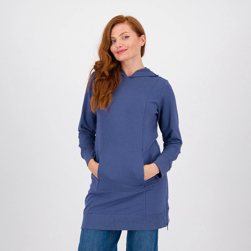 QVC Denim & Co Felpa lunga in cotone con cappuccio e tasca marsupio