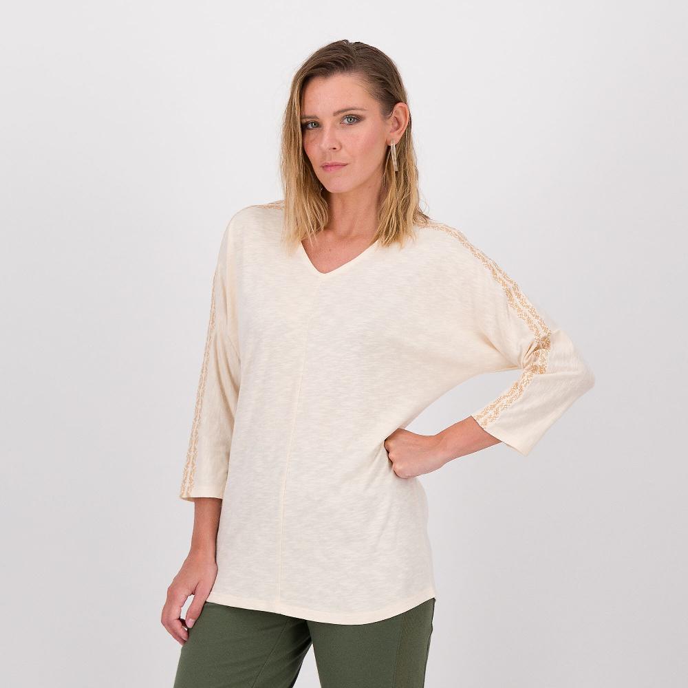 QVC Denim & Co Maglia con manica 3/4 scollo a V e ricamo