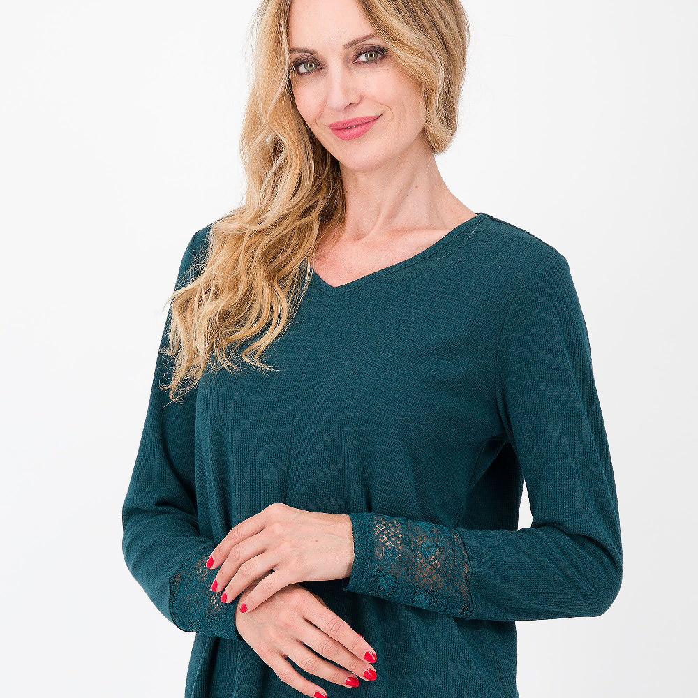 QVC Denim & Co Maglia In Misto Cotone A Maniche Lunghe Con Pizzo