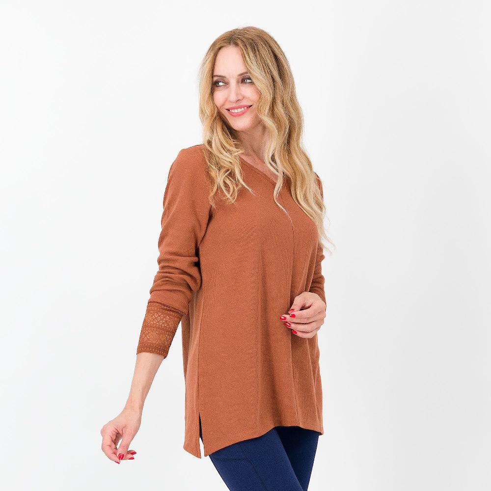 QVC Denim & Co Maglia in misto cotone a maniche lunghe con pizzo