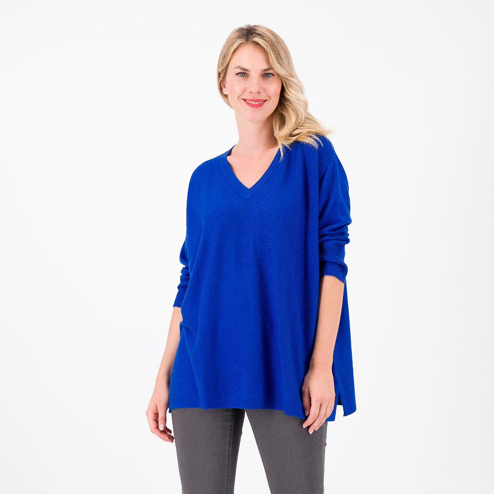 QVC Denim & Co Maglia scollo a V in cotone e viscosa con spalla scesa