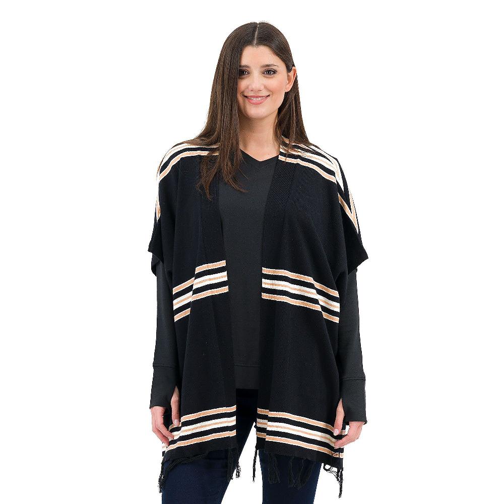 QVC Denim & Co Poncho con frange Tessuto misto cotone Jaquard fantasia Manica ferma al polso