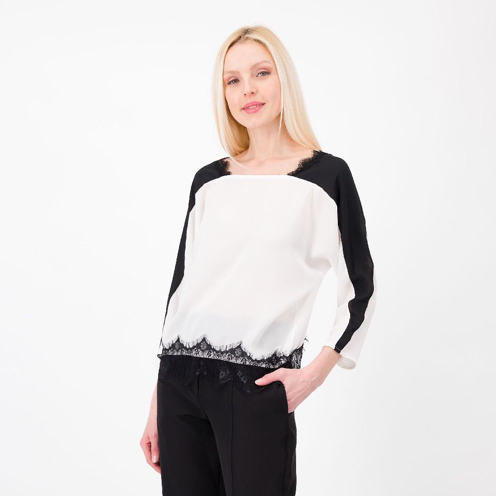QVC Enjoy Blusa bicolore in georgette Pizzo al fondo Made in Italy