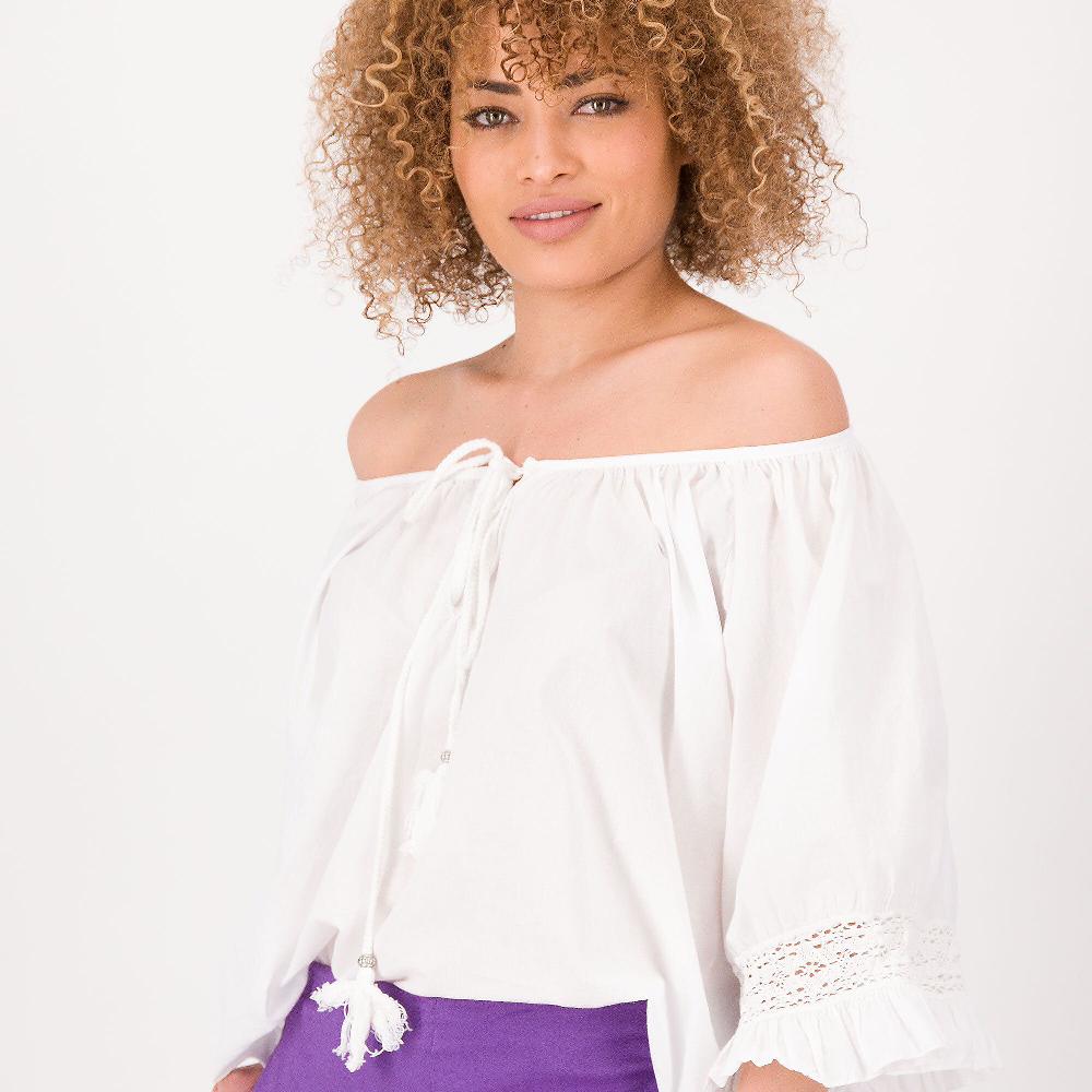 QVC Enjoy Blusa In Mussola 100% Cotone Scollo Con Pizzo Macramè Made In Italy