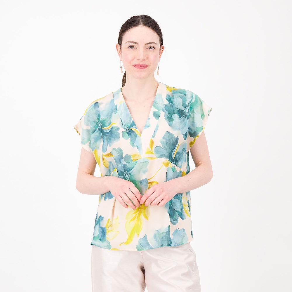 QVC Enjoy Blusa scollo V in georgette fantasia Motivo pieghe Made in Italy