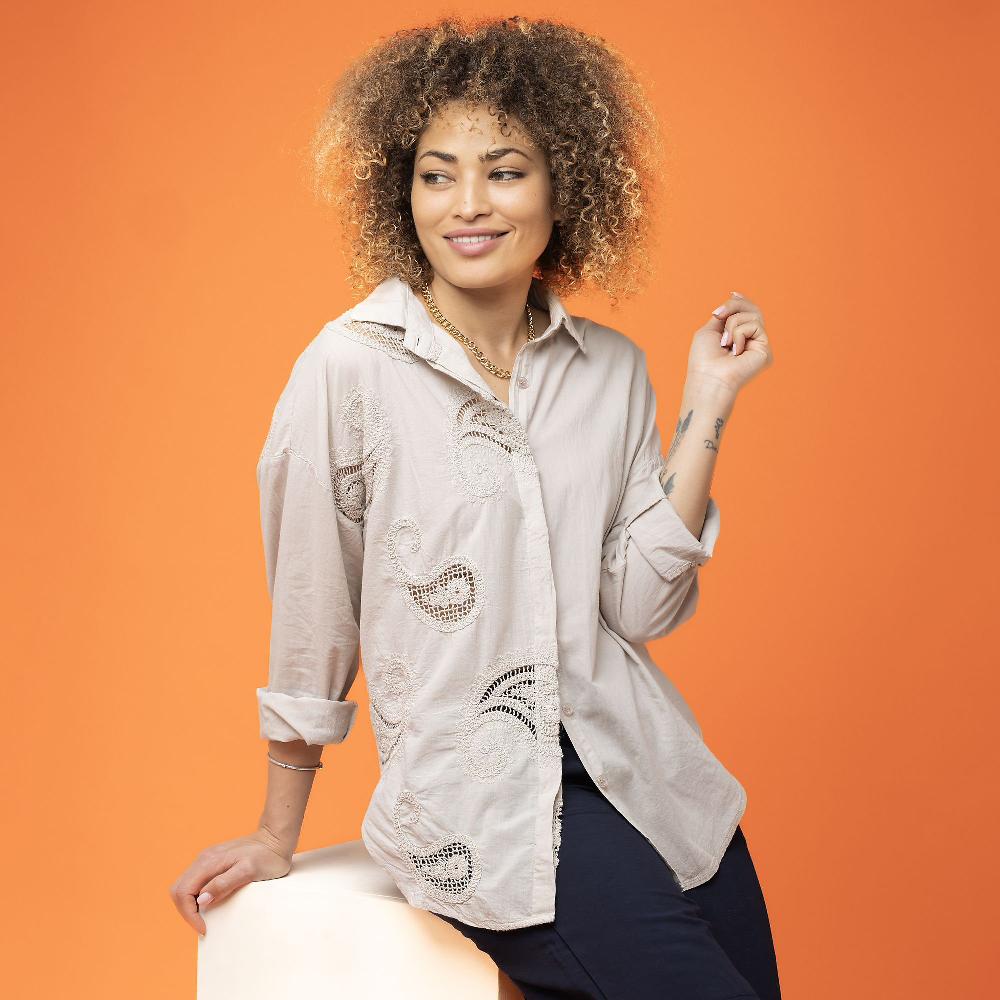 QVC Enjoy Camicia In Mussola Di Cotone Con Inserto Intagliato E Ricamato Made In Italy