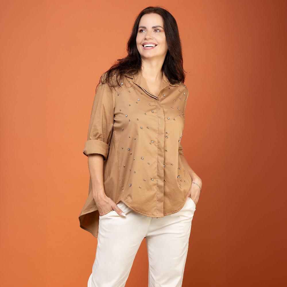 QVC Enjoy Camicia In Popeline Di Cotone Con Strass E Perline