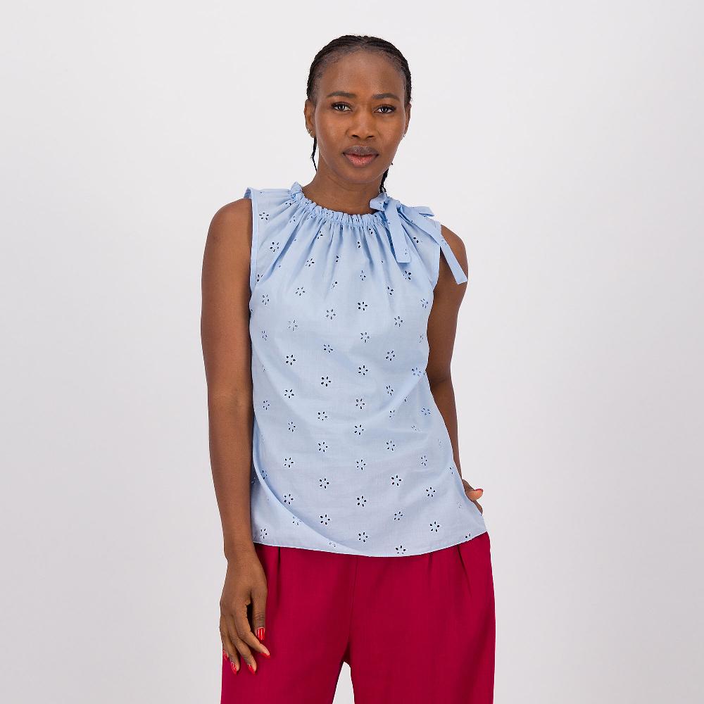 QVC Enjoy Canotta in cotone sangallo con scollo tondo e coulisse