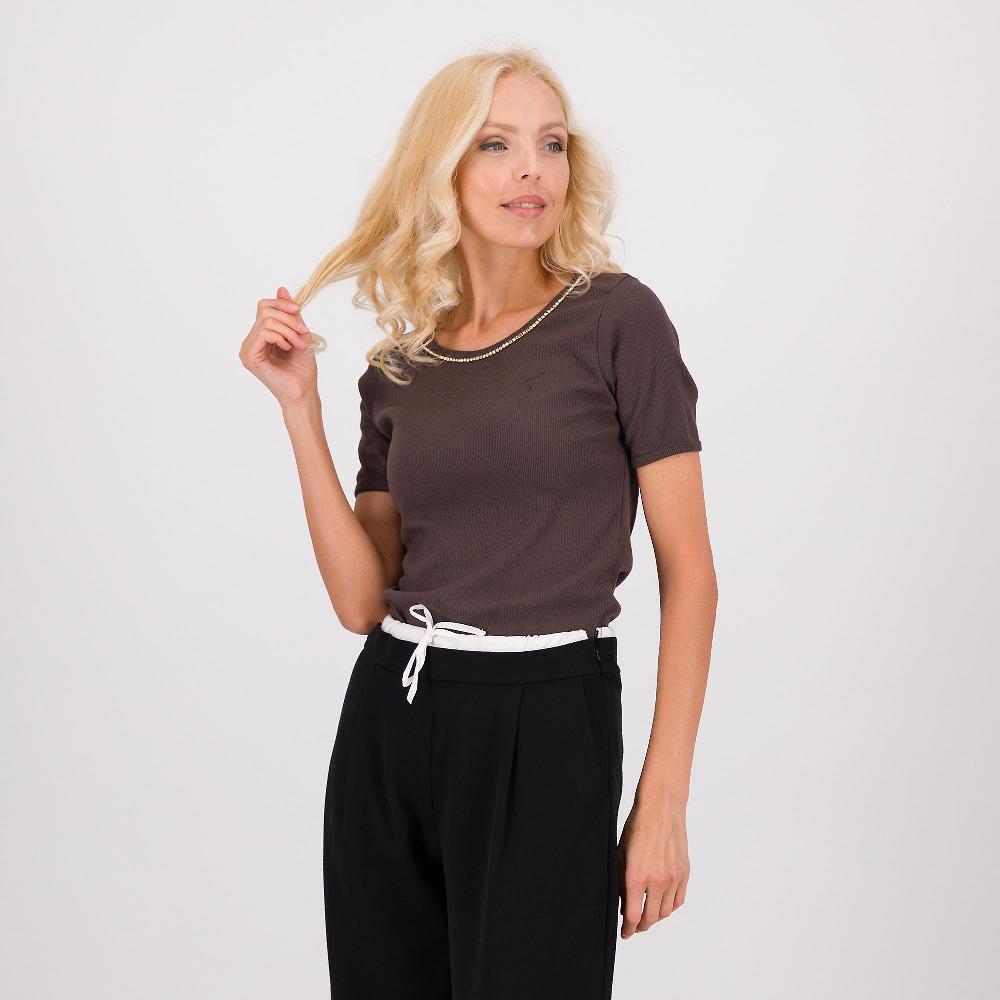QVC Enjoy T-shirt maniche corte in costine con strass su scollo