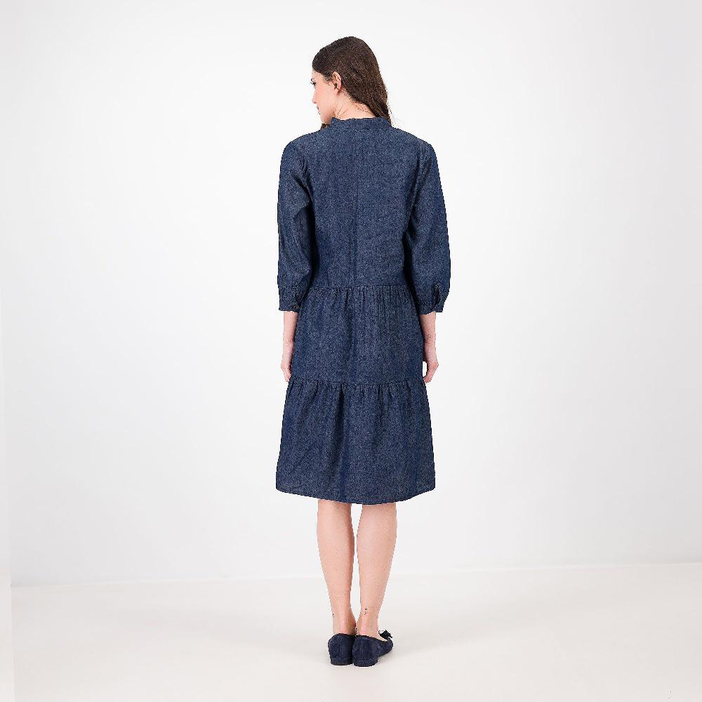 QVC EVA Franco Ciambella Abito Midi A Balze In Chambray 100% Cotone Collo Alla Coreana Made In Italy