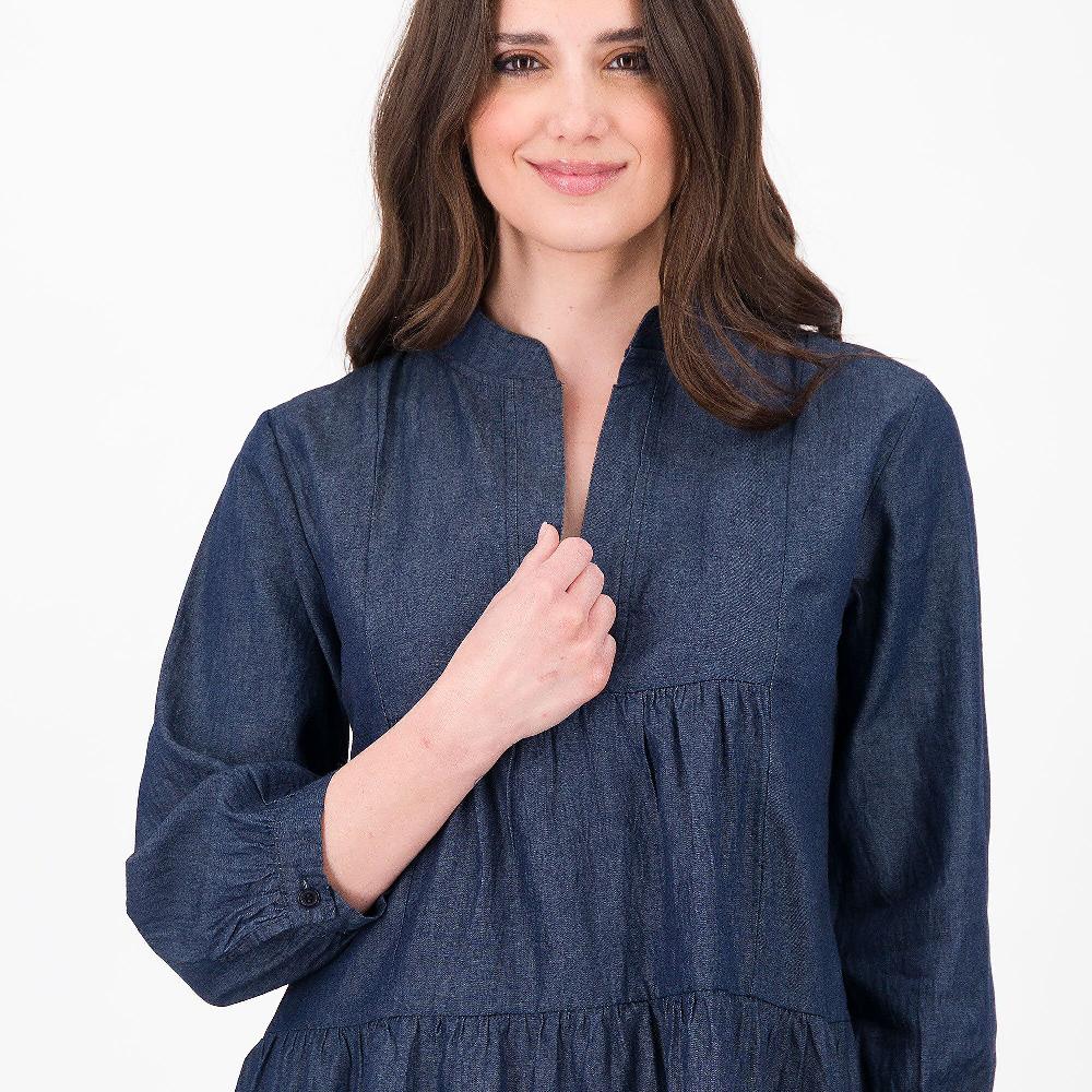 QVC EVA Franco Ciambella Abito Midi A Balze In Chambray 100% Cotone Collo Alla Coreana Made In Italy