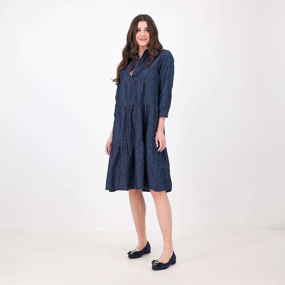 QVC EVA Franco Ciambella Abito midi a balze in chambray 100% cotone Collo alla coreana Made in Italy