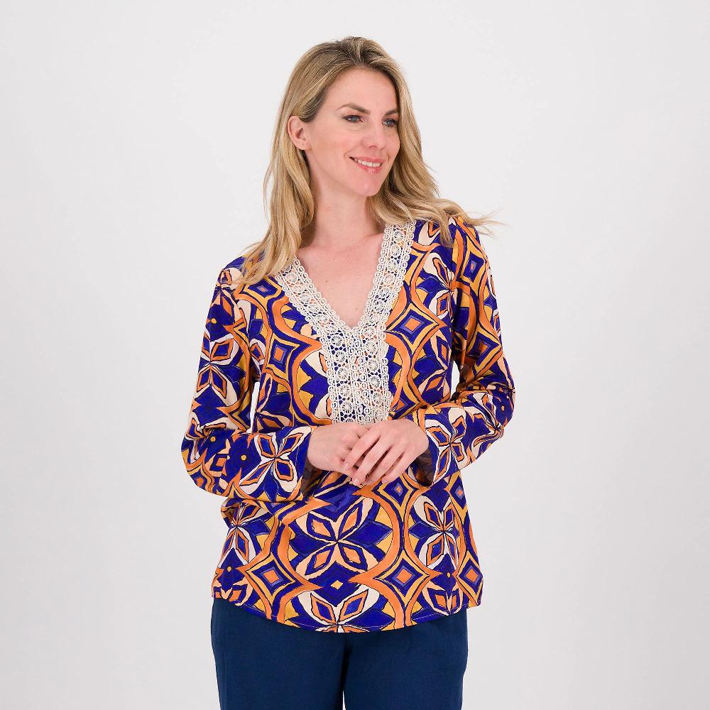 QVC EVA Franco Ciambella Blusa a maniche lunghe in popeline di viscosa fantasia