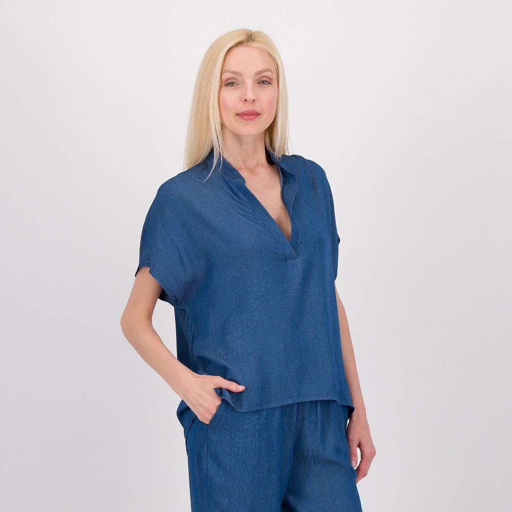 QVC EVA Franco Ciambella Blusa in chambray di viscosa gessato