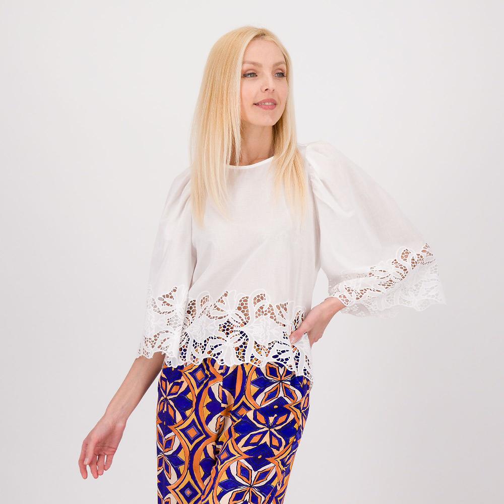 QVC EVA Franco Ciambella Blusa in popeline di cotone con dettagli in Sangallo
